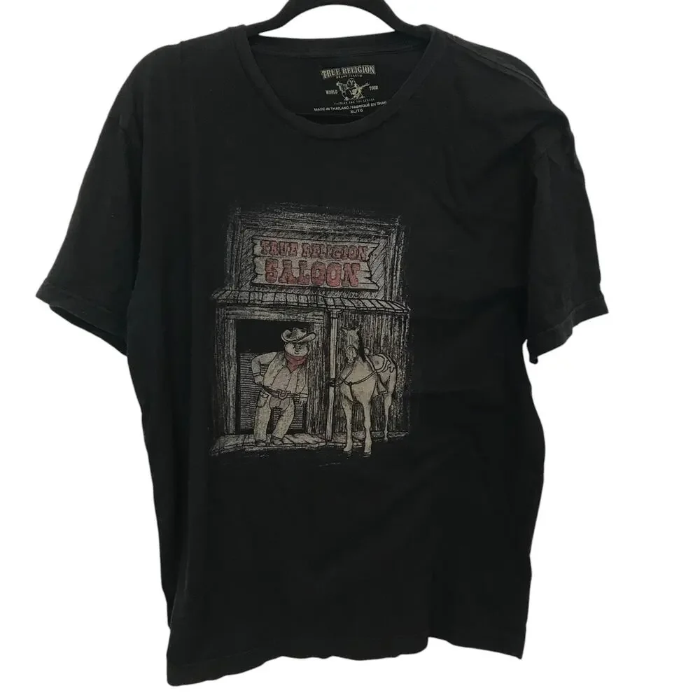 True Religion Saloon Graphic Shirt Mens Size XL Black Short Sleeve Cotton